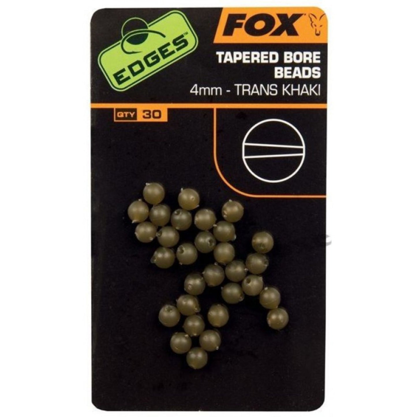Fox Edges Tapered Bore Beads 4mm khaki 30 pack with shock-absorbing design for chod and helicopter rigs