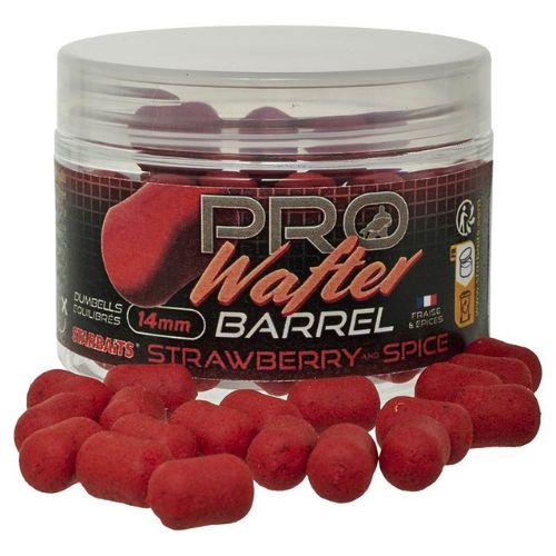 Starbaits Pro Strawberry Spice Barrel Wafter tub with hookbaits scattered in front