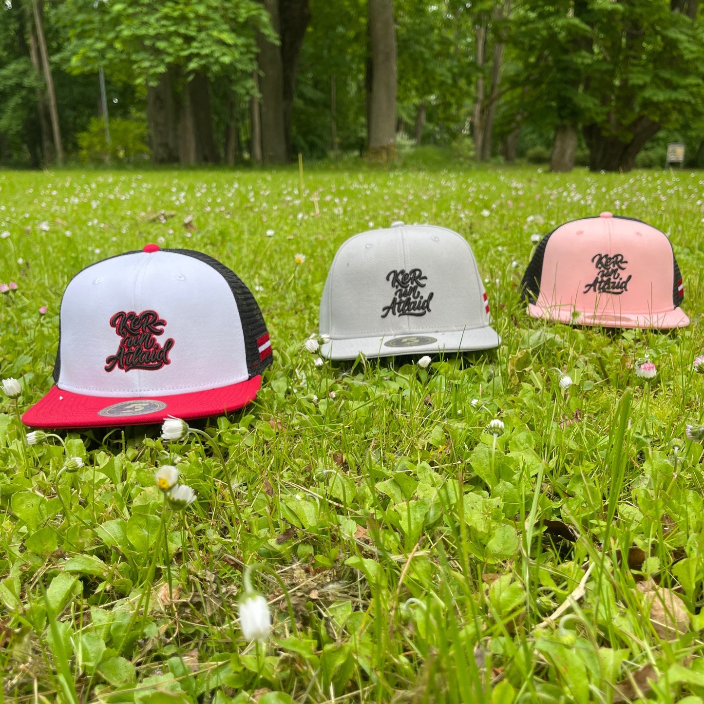 4Carpers Limited Edition Catch & Release caps – all three versions on grass