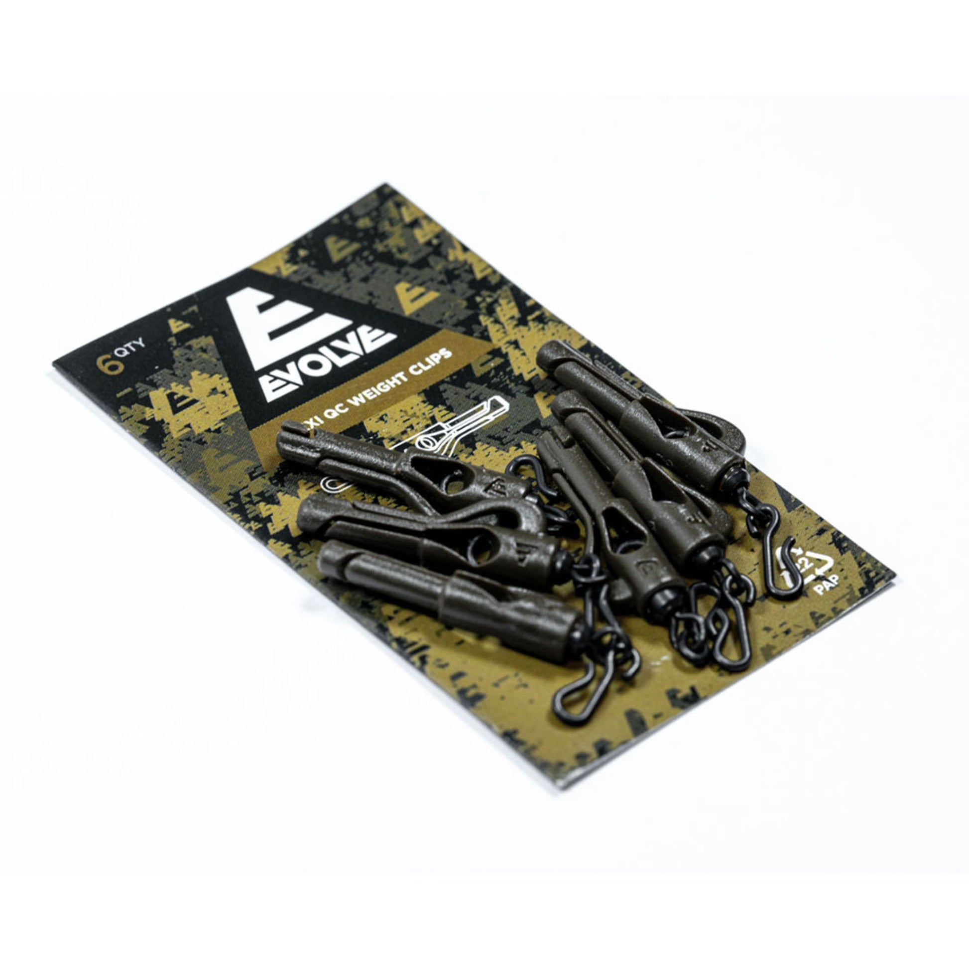 Evolve Flexi QC Weight Clips 6 pack with integrated swivel and flexi QC link in dark camo finish
