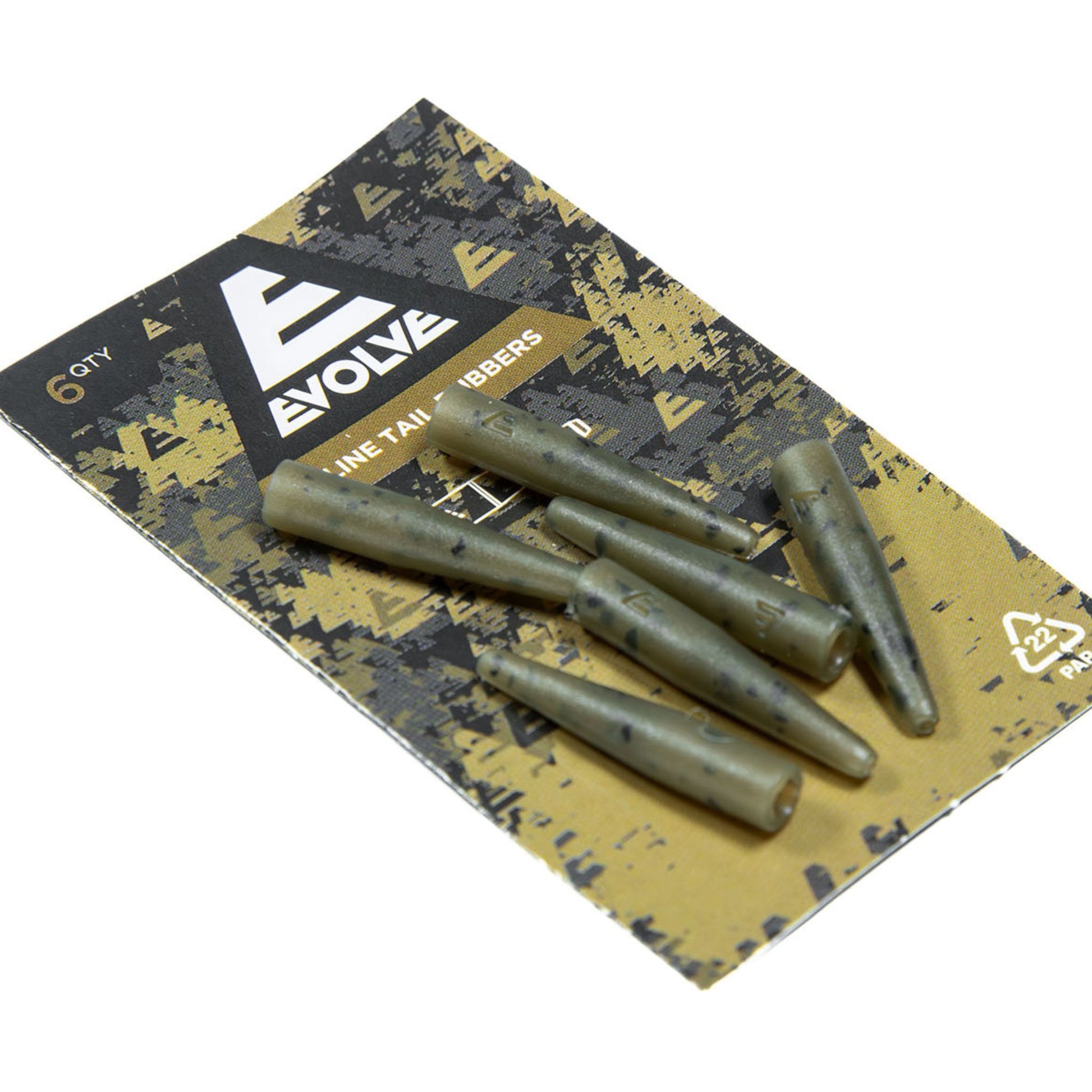 Evolve In-Line Tail Rubbers 6 pack dark camo with tapered design for in-line weights and inserts