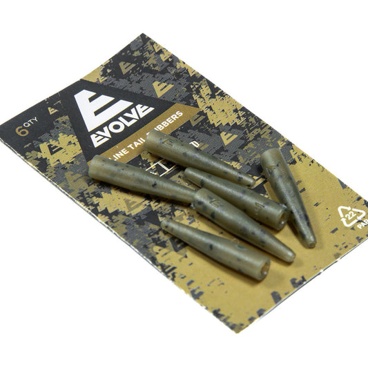 Evolve In-Line Tail Rubbers 6 pack dark camo with tapered design for in-line weights and inserts