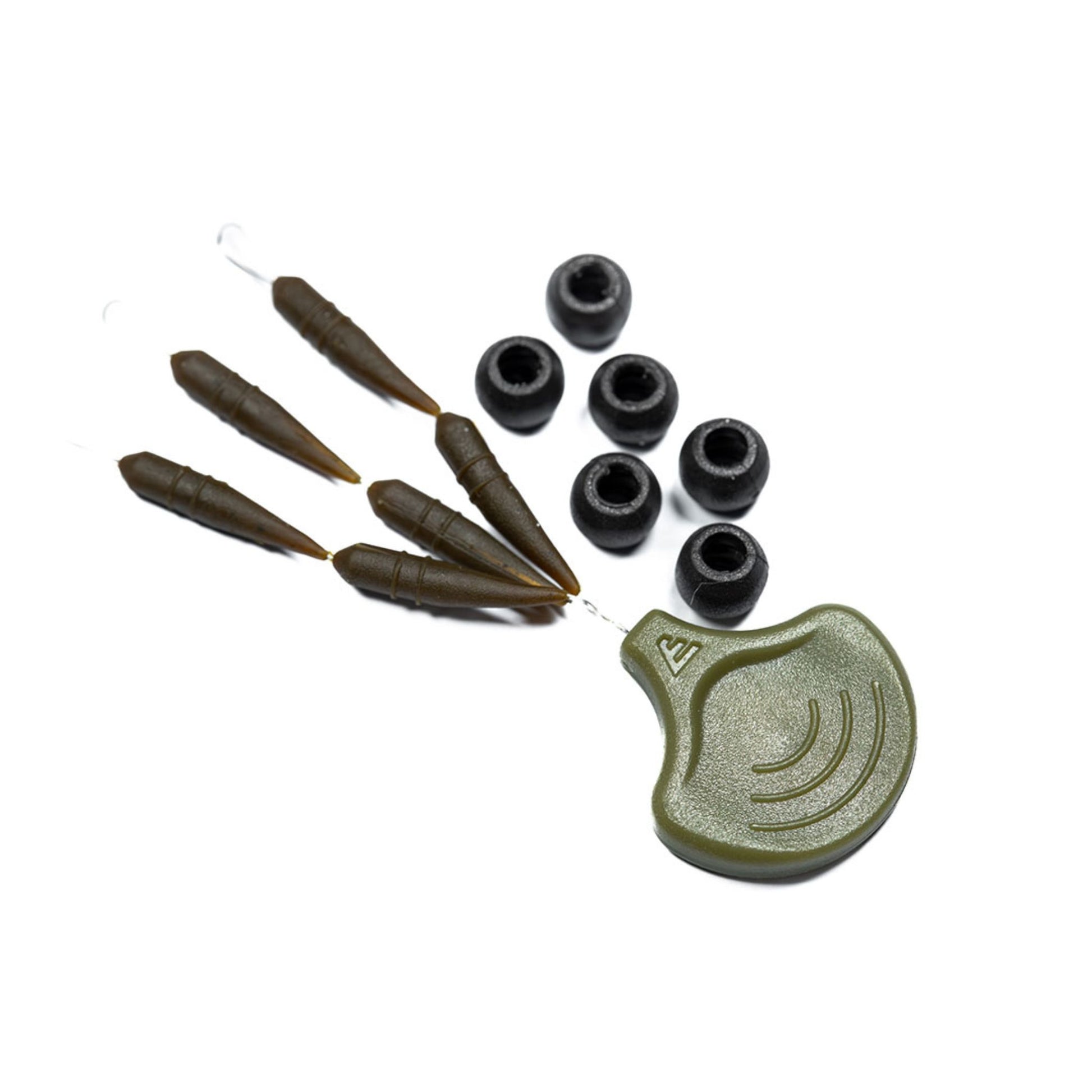 Evolve Naked Heli Bead System detail view showing tungsten beads, tapered sleeves and rig holder, 6 pack