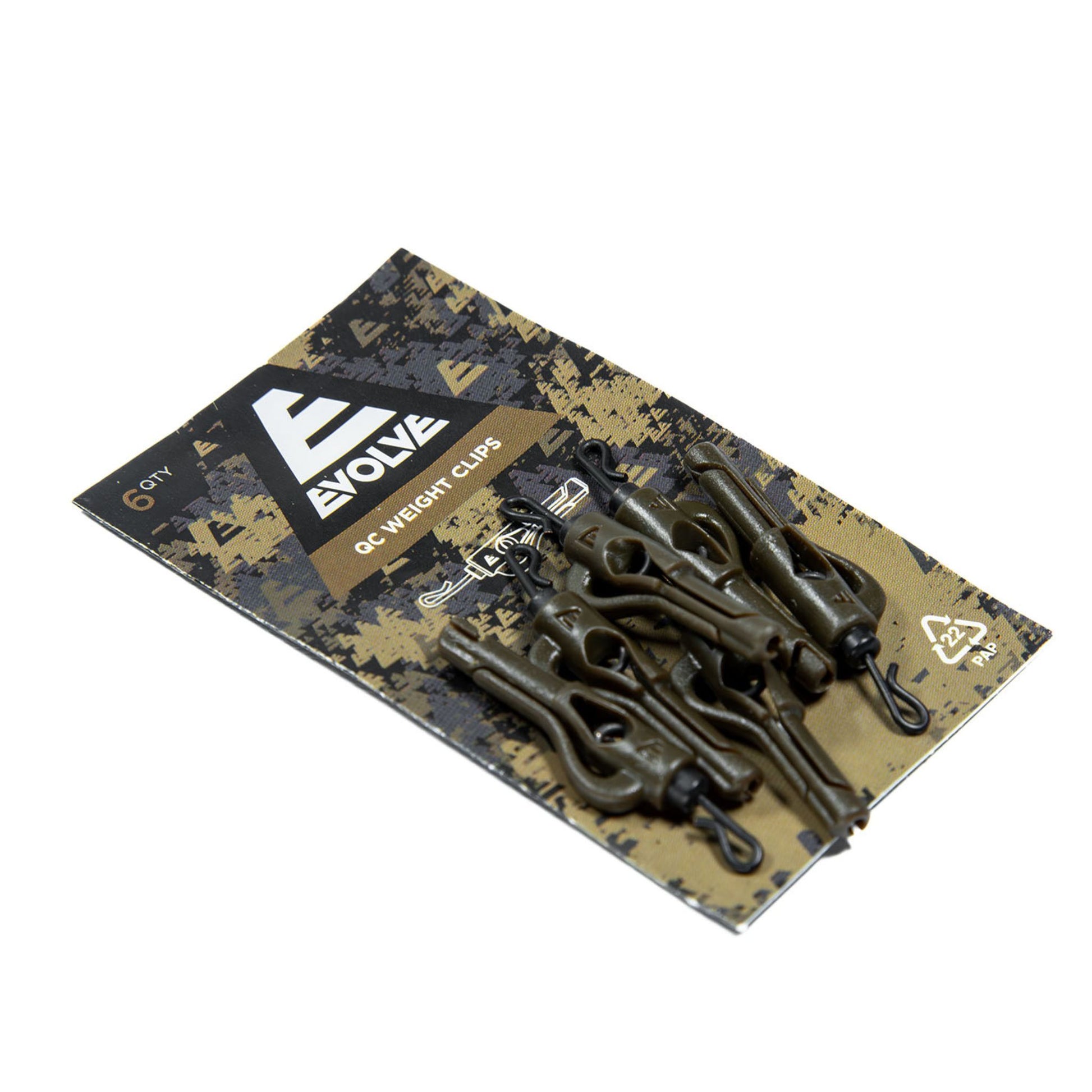 Evolve QC Weight Clips 6 pack with integrated quick-change swivel in dark camo finish