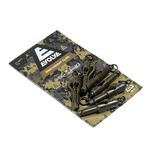 Evolve Ring Weight Clips 6 pack with integrated ring swivel in dark camo finish for lead attachment