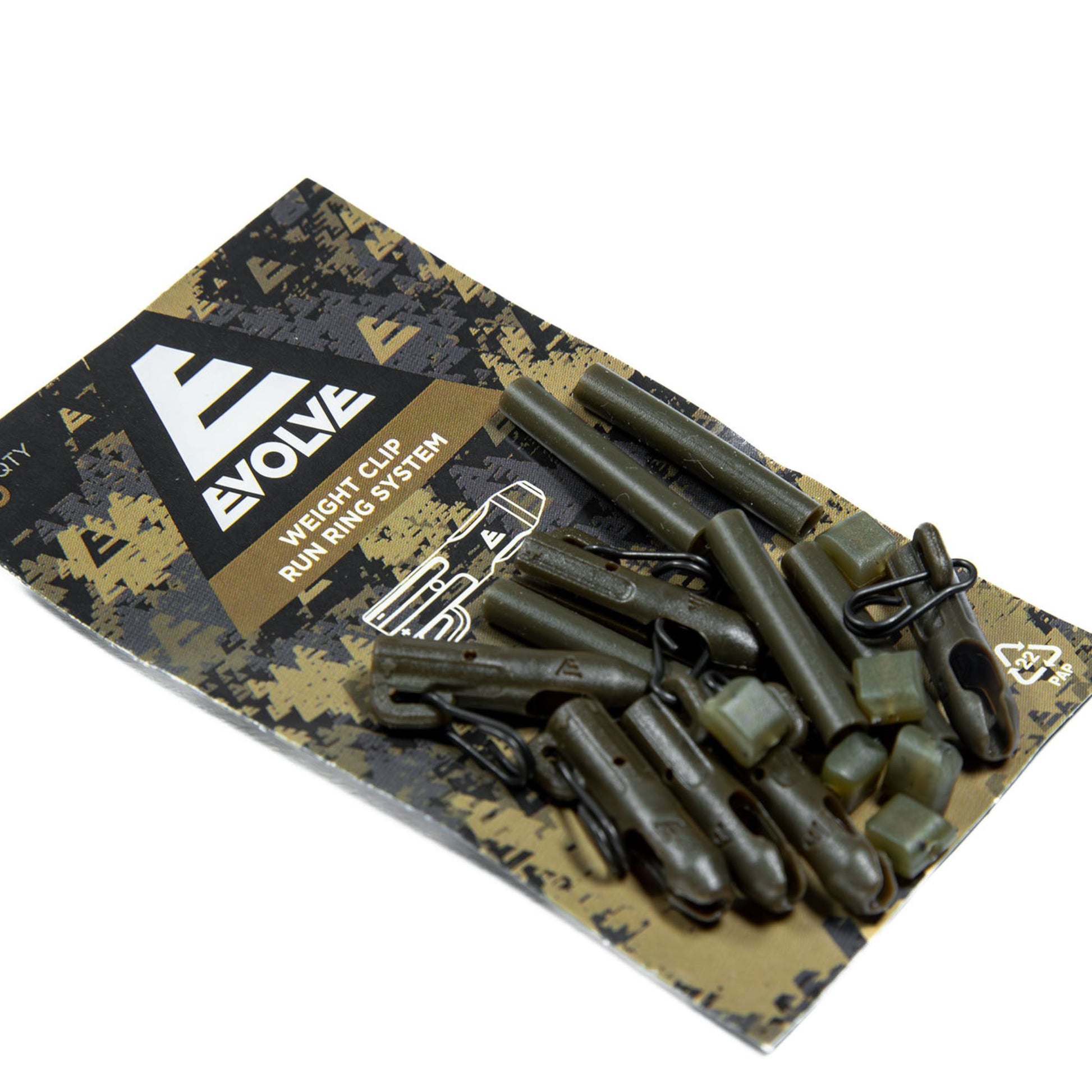 Evolve Weight Clip Run Ring System Kit 6 pack with lead clip connector and silicone sleeves in dark camo
