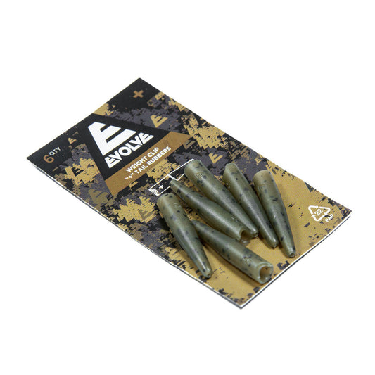 Evolve Weight Clip Tail Rubbers Plus 6 pack for leads over 85gr in dark camo with adjustable tension
