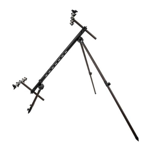 Fencl Rodpod Xtreme set up at an angle on uneven ground showing leg adjustment flexibility
