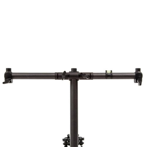 Fencl Rodpod Xtreme 3-rod buzzer bar front view with rod rest holders and spirit level