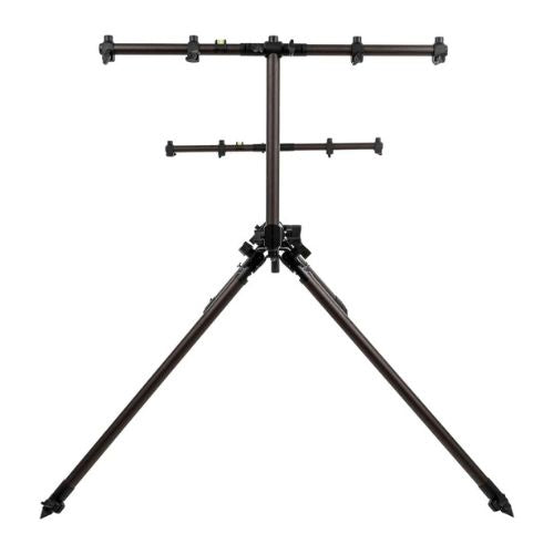 Fencl Rodpod Xtreme+ front view with dual buzzer bars for 5 and 3 rods on four carbon legs