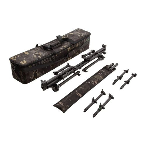 Fencl Rodpod Xtreme+ full kit contents with camouflage carry bag, buzzer bars and telescopic legs