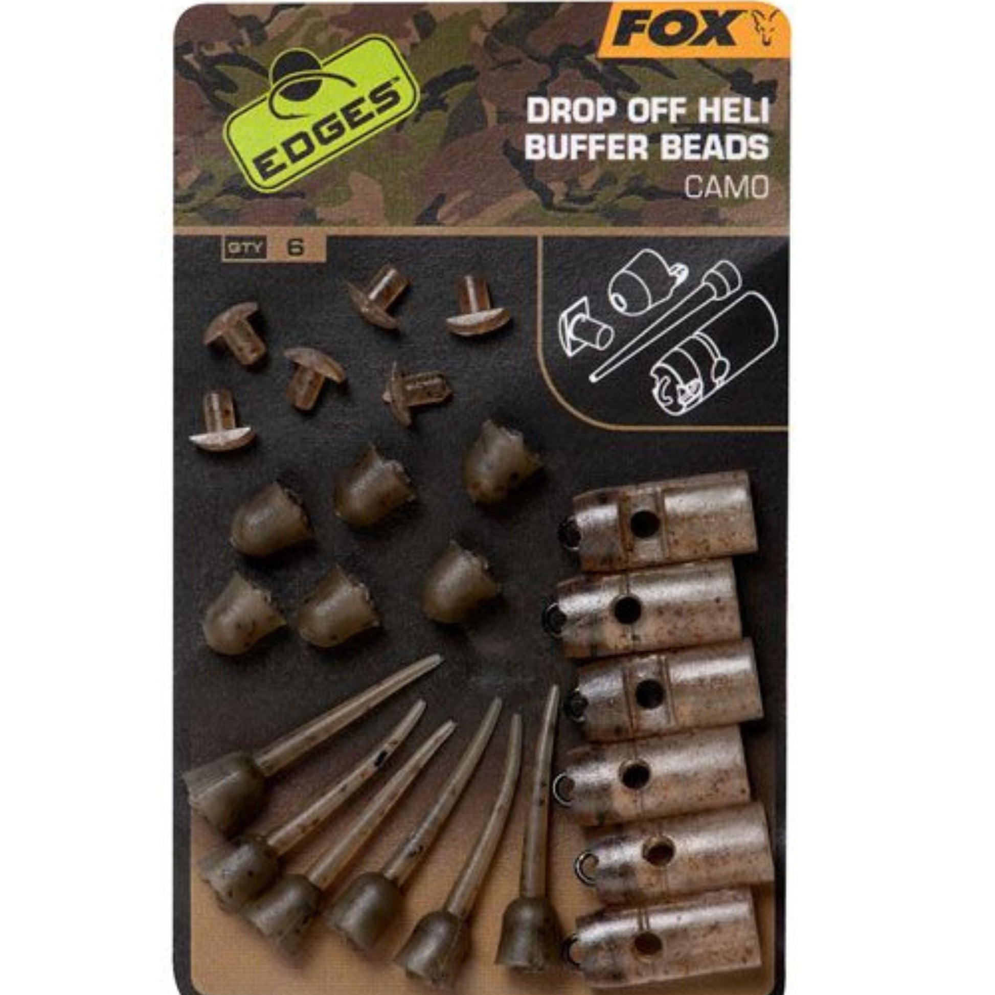 Fox Edges Camo Drop Off Heli Buffer Bead Kit 6 pack with T-peg system for helicopter and chod rigs