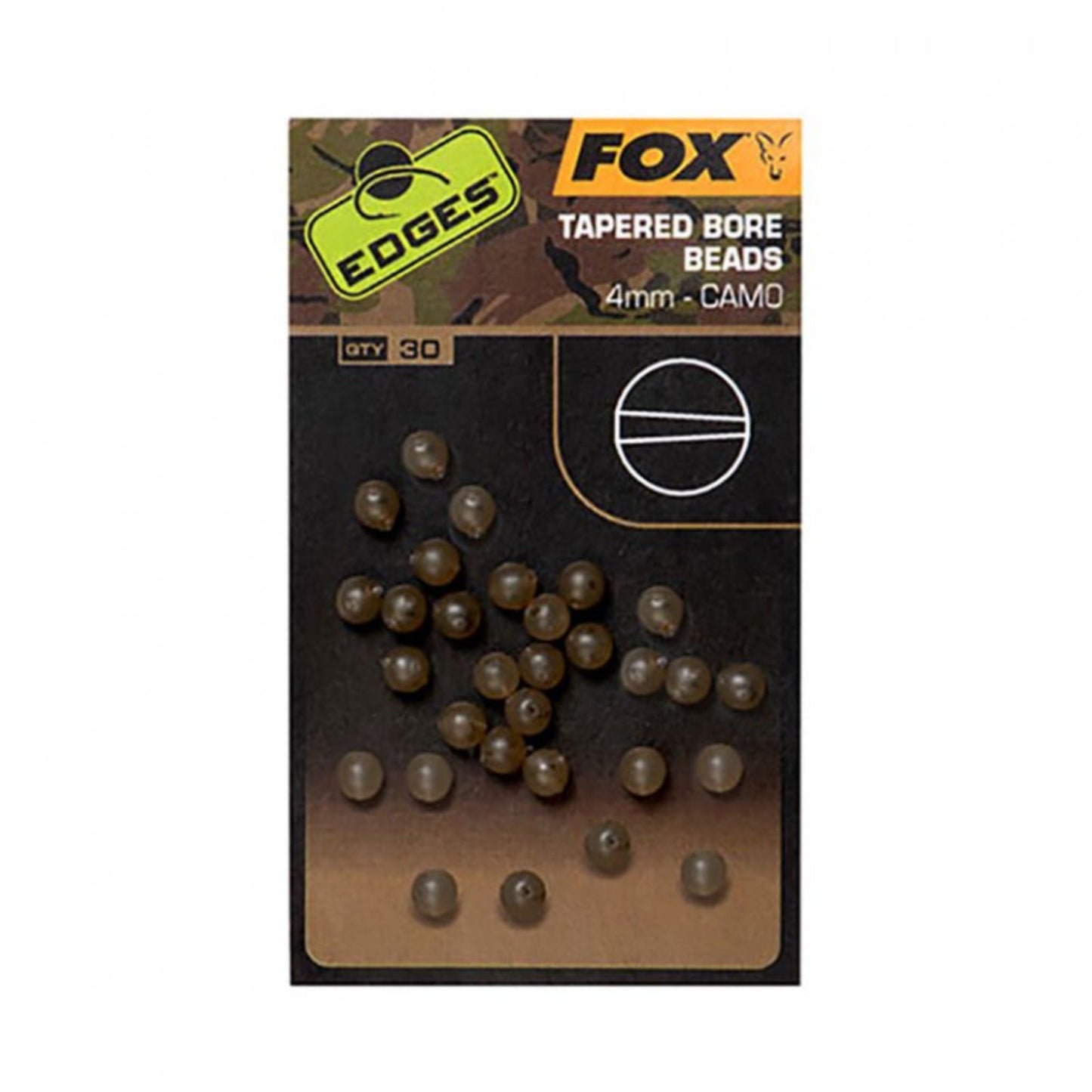 Fox Edges Tapered Bore Beads 4mm camo 30 pack with shock-absorbing design for chod and helicopter rigs