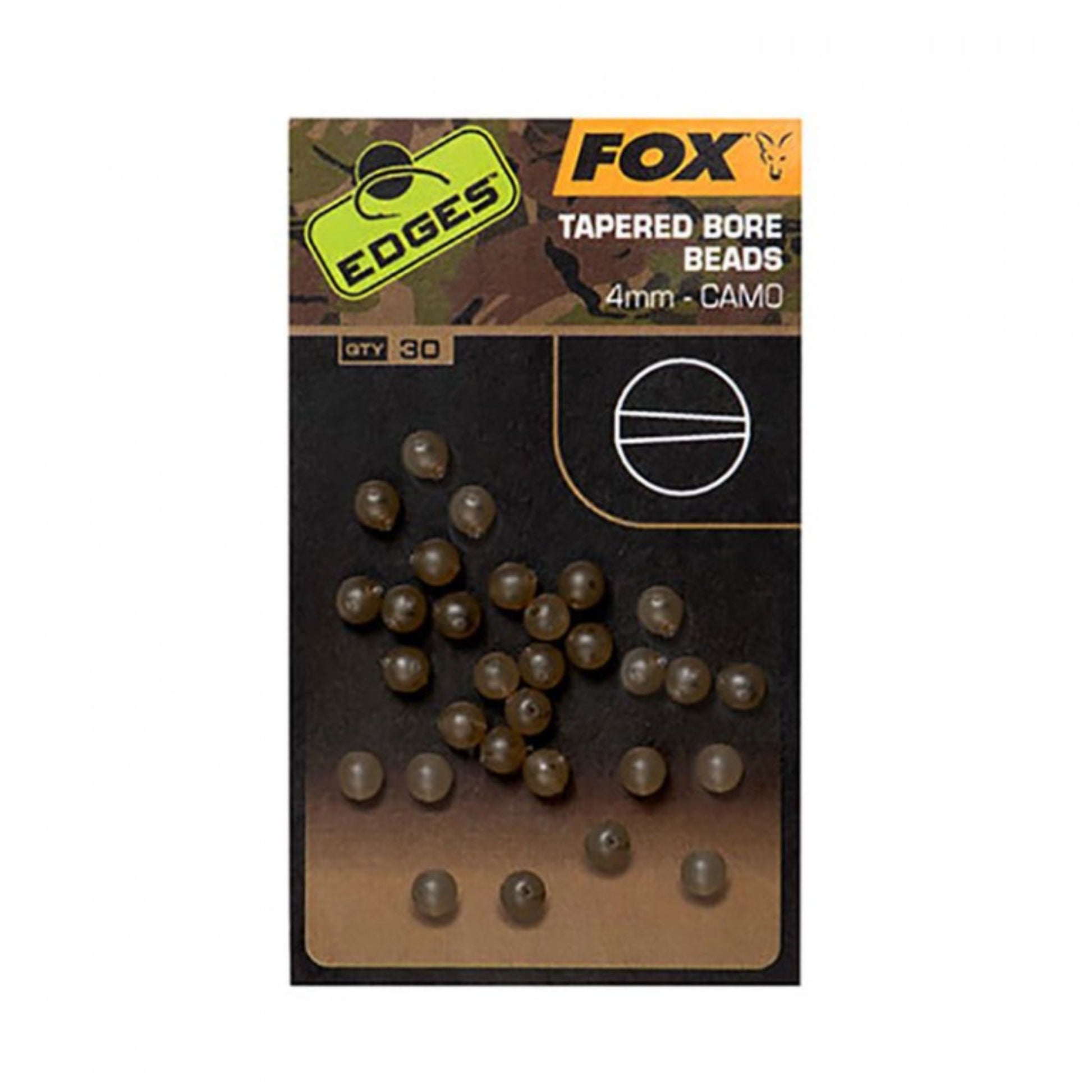 Fox Edges Tapered Bore Beads 4mm camo 30 pack with shock-absorbing design for chod and helicopter rigs