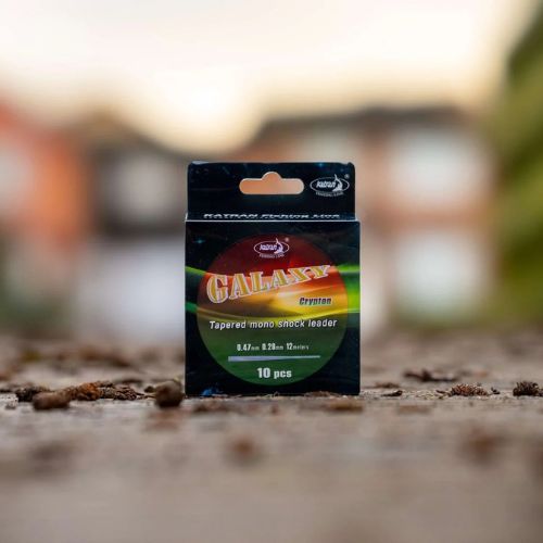 Katran Galaxy Crypton Tapered Leader packaging photographed outdoors with blurred natural background