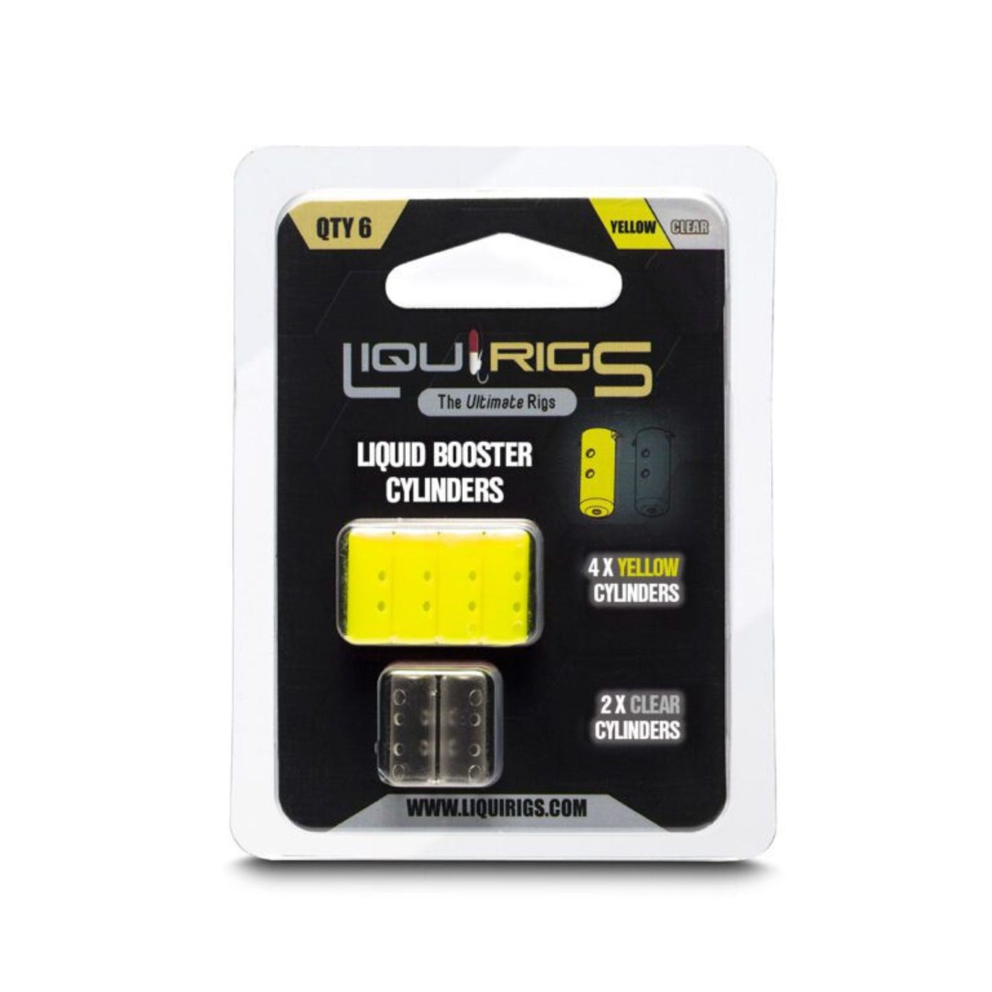 Liquirigs Liquid Booster Cylinders yellow and clear for adding liquid attraction to hookbaits