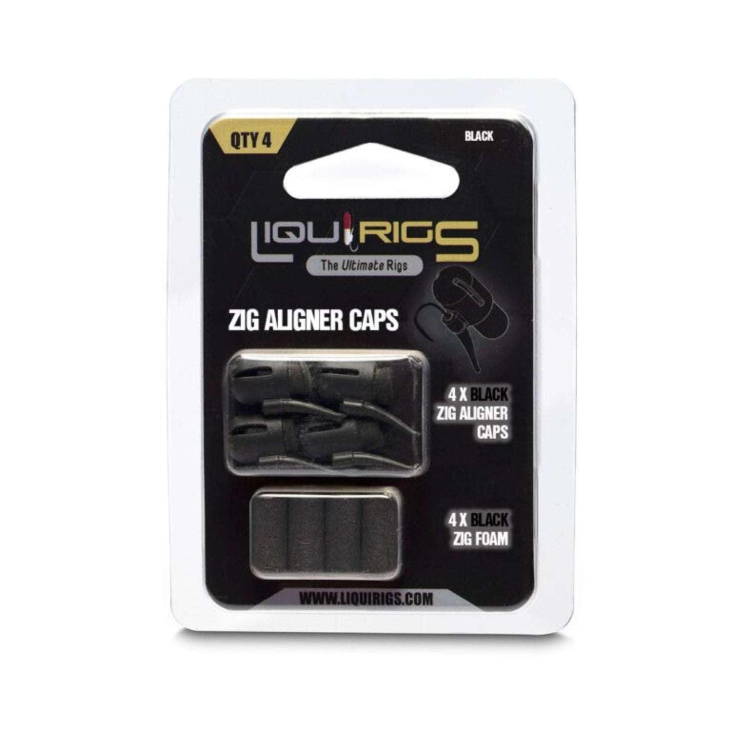 Liquirigs Liquid Zig Aligner Caps black 4 pack with foam inserts for zig rigs and floater setups
