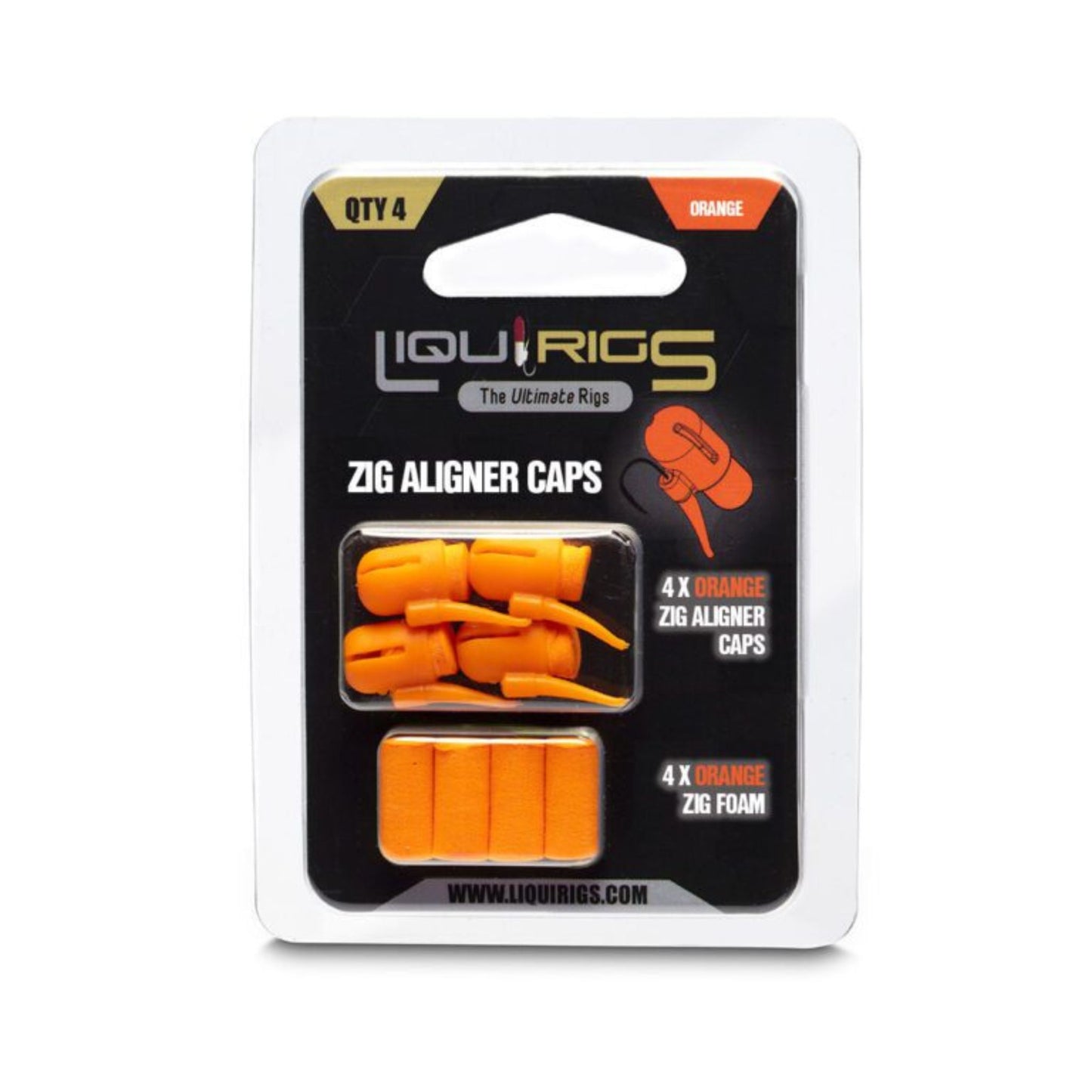 Liquirigs Liquid Zig Aligner Caps orange 4 pack with foam inserts for zig rigs and floater setups