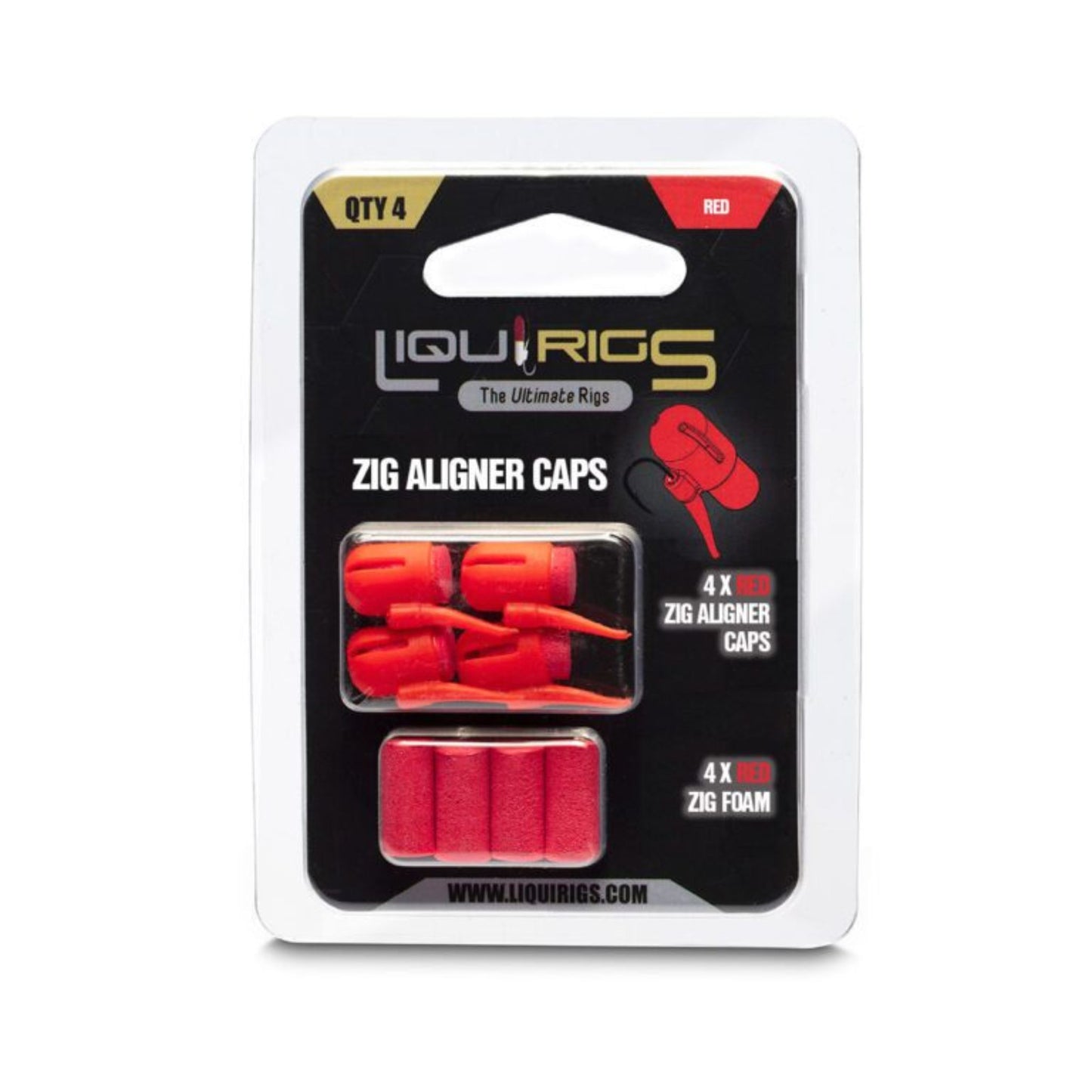 Liquirigs Liquid Zig Aligner Caps red 4 pack with foam inserts for zig rigs and floater setups