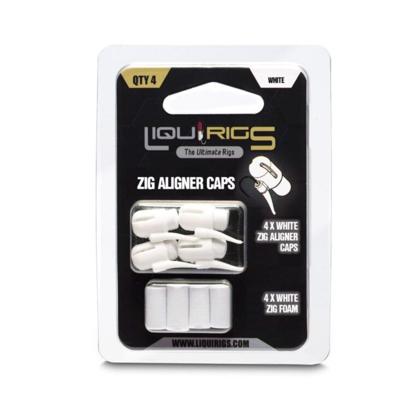 Liquirigs Liquid Zig Aligner Caps white 4 pack with foam inserts for zig rigs and floater setups