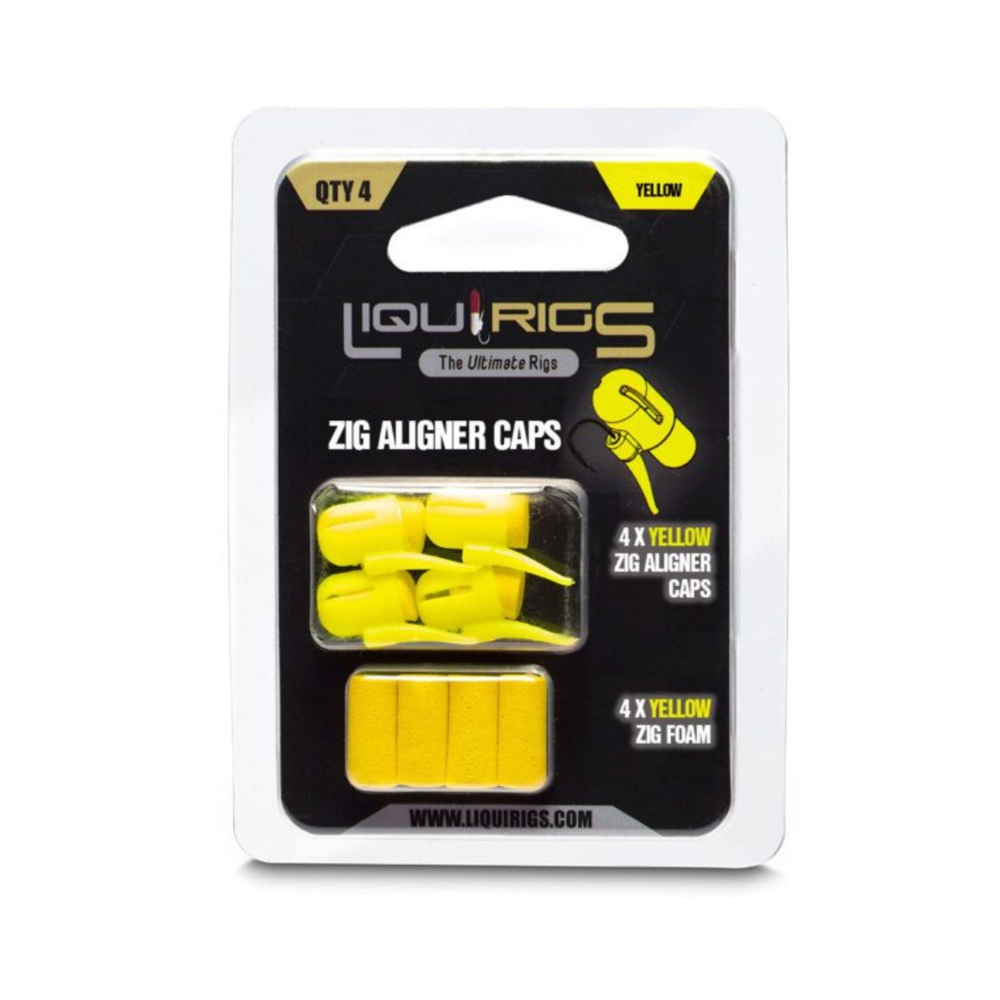 Liquirigs Liquid Zig Aligner Caps yellow 4 pack with foam inserts for zig rigs and floater setups
