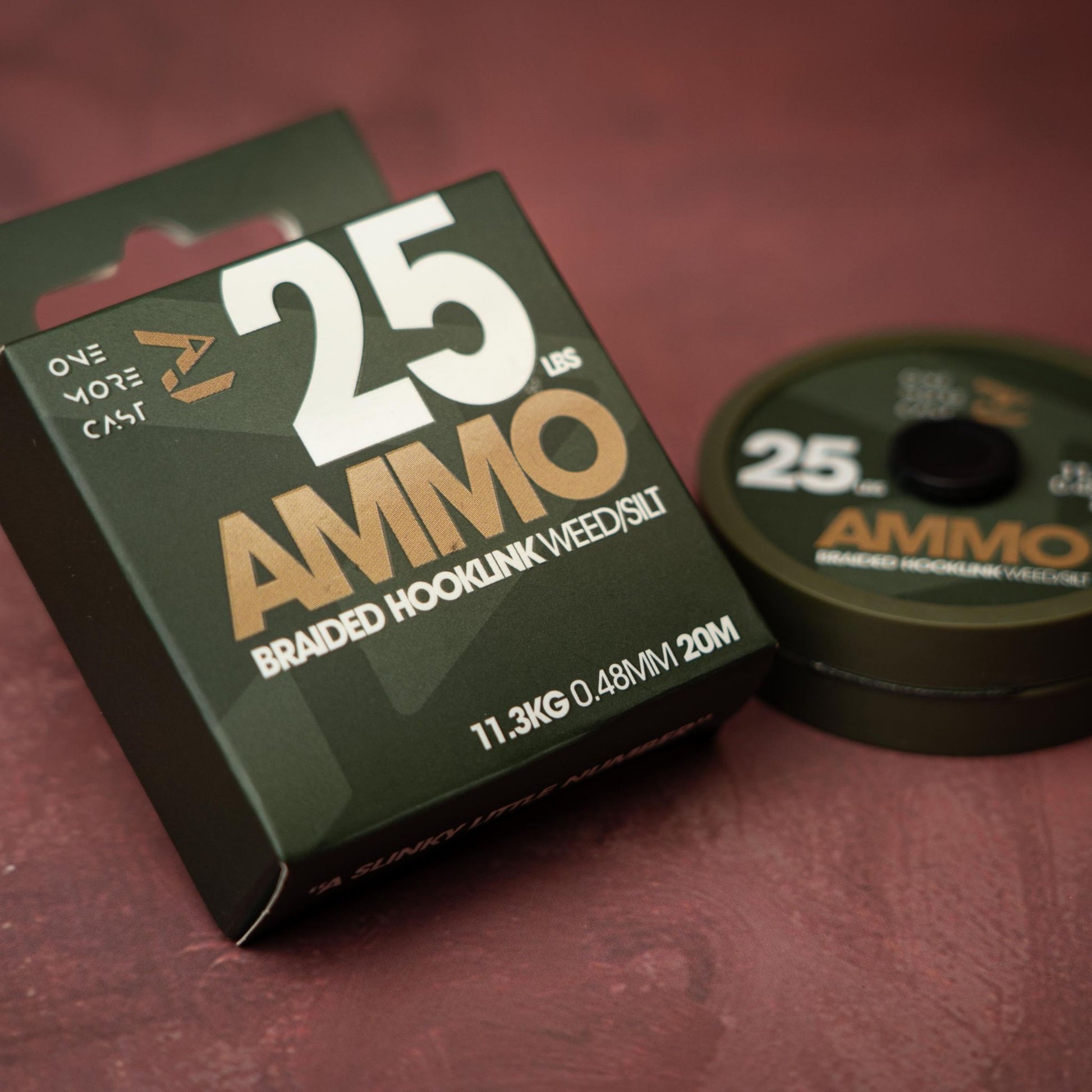 OMC AMMO Camo braided hooklink 20m 25lb in weed/silt camouflage package