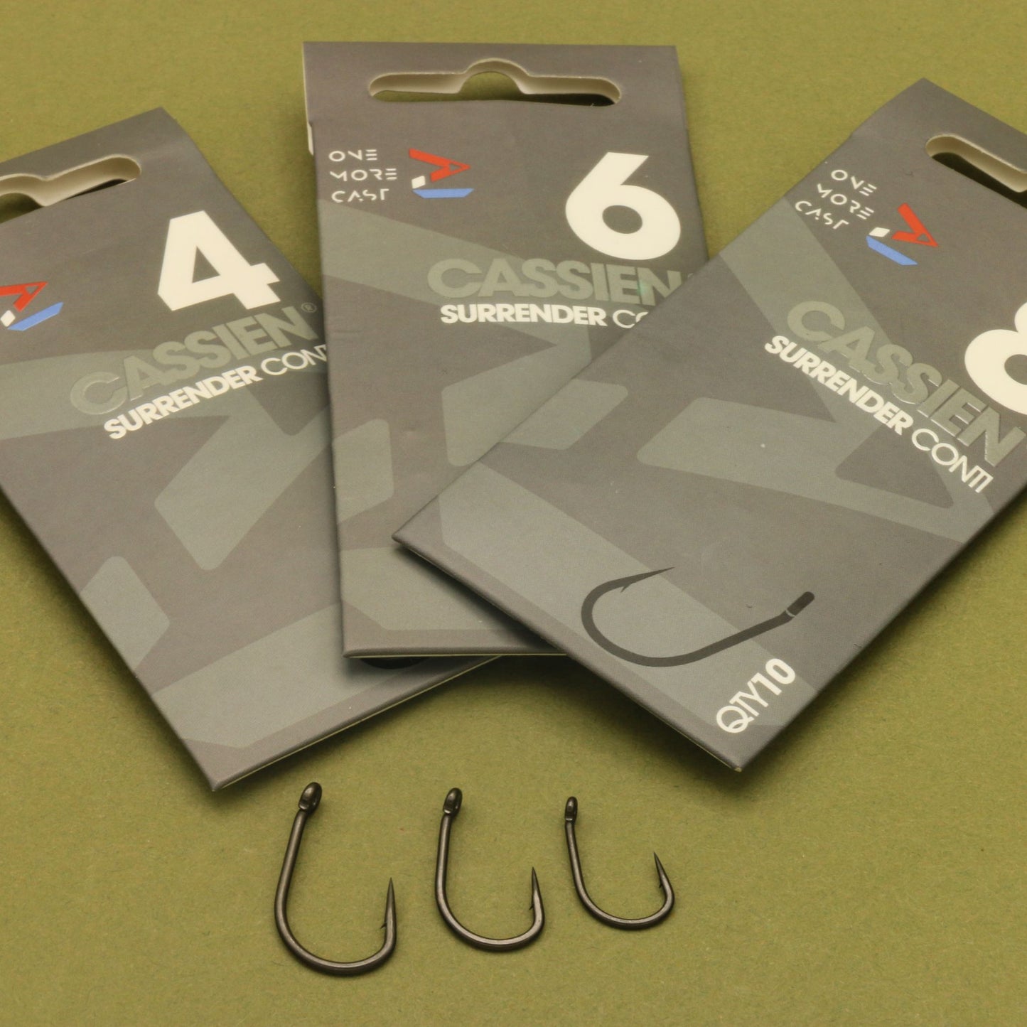 OMC Cassien Surrender Conti carp fishing hooks with matte black coating and needle-sharp point, 10 pack