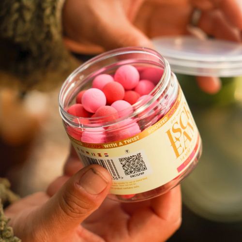 OMC iScream Boosted Fluoro Pop Ups 14 mm Pink • Red - open 200 ml tub showing pink and red fluoro pop up boilies