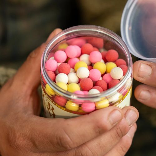 OMC iScream Boosted Mini Fluoro Pop Ups 10 mm - open 200 ml tub showing fluoro pop up boilies