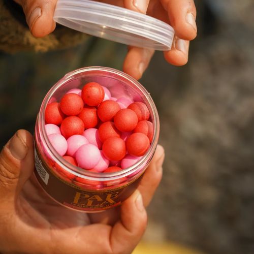 OMC Paella Boosted Fluoro Pop Ups 14 mm Pink • Red - open 200 ml tub showing pink and red fluoro pop up boilies
