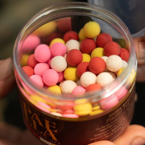 OMC Paella Boosted Mini Fluoro Pop Ups 10 mm - open 200 ml tub with colourful fluorescent pop up boilies