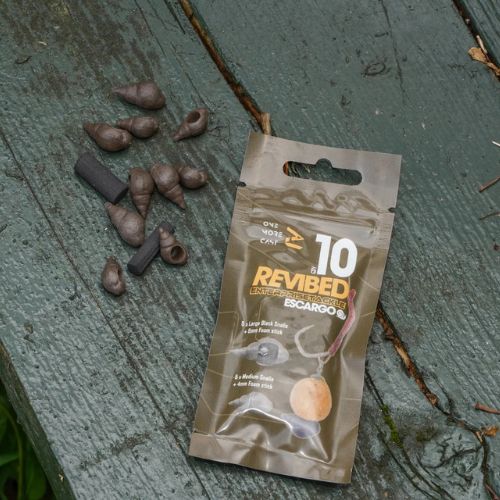 OMC Revibed Escargo - pack front view with artificial snail hookbaits poured out showing realistic snail profile