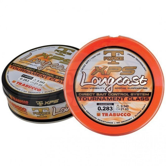 Trabucco T-Force XPS Long Cast Fluo 1200m fluorescent orange monofilament line in metal tin